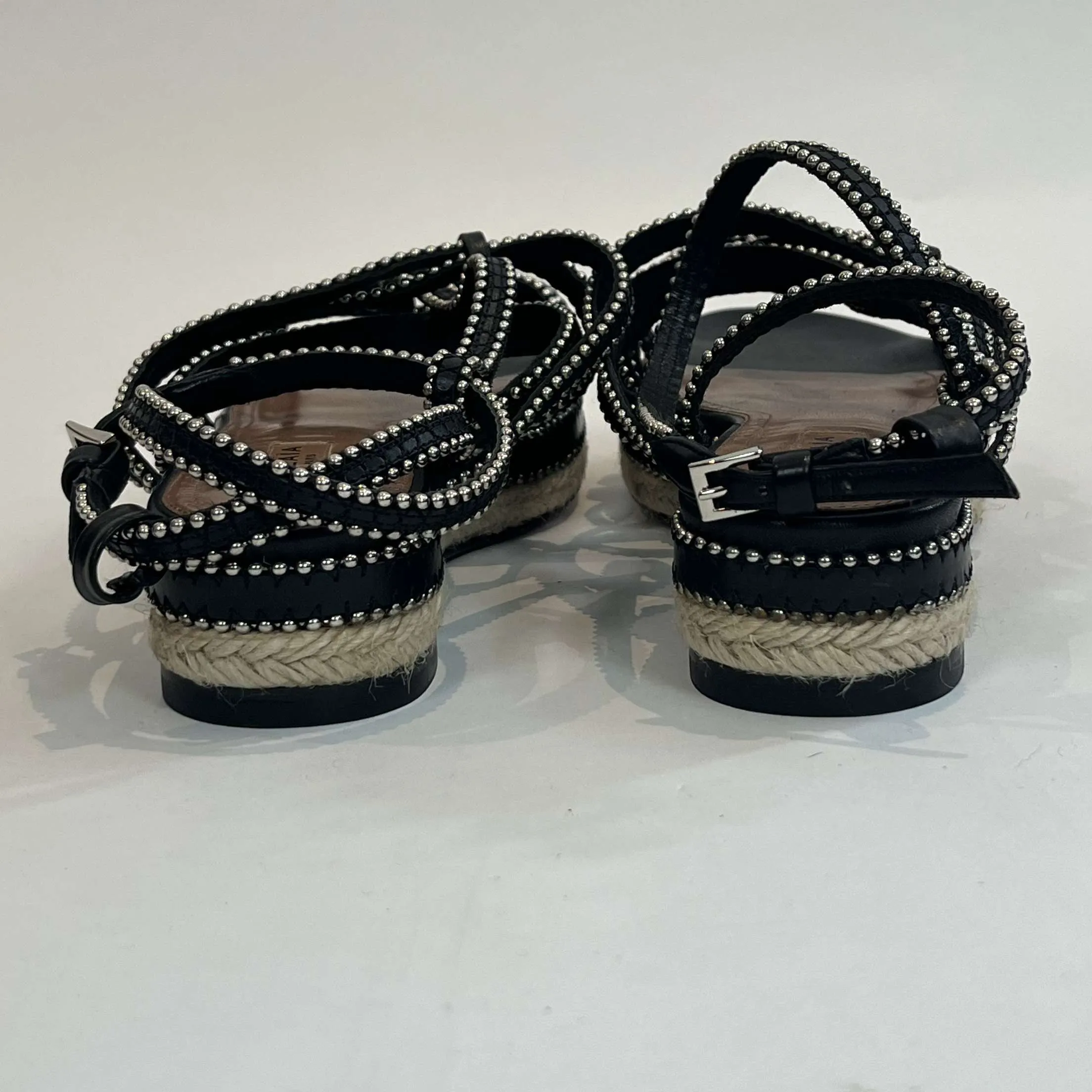 Alaia Black Leather Silver Beaded Gladiator Sandals 40