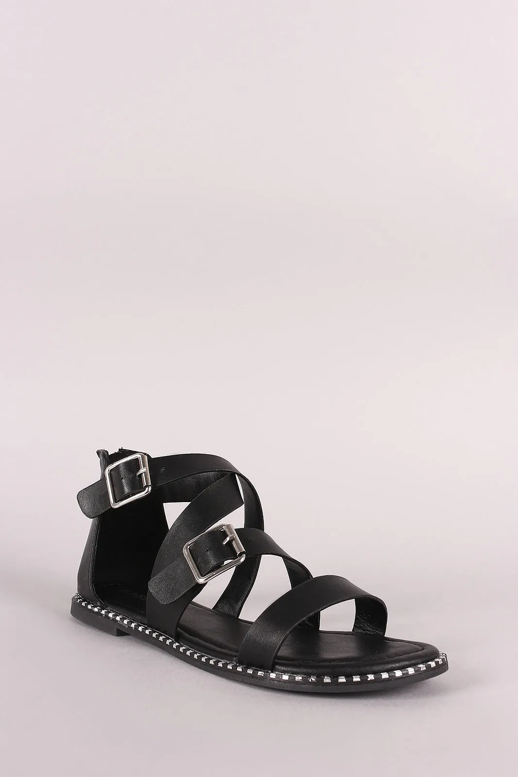 Bamboo Strappy Open Toe Metallic Trim Flat Sandal