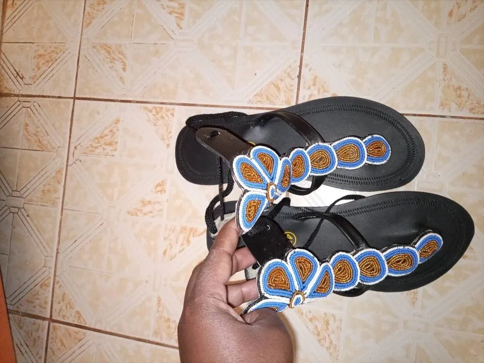 Blue and gold flowered beaded handmade Masai sandals made in kenya with free shipping