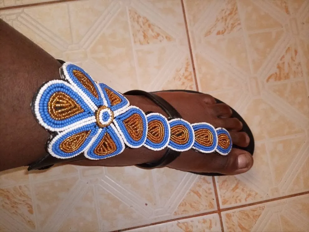 Blue and gold flowered beaded handmade Masai sandals made in kenya with free shipping