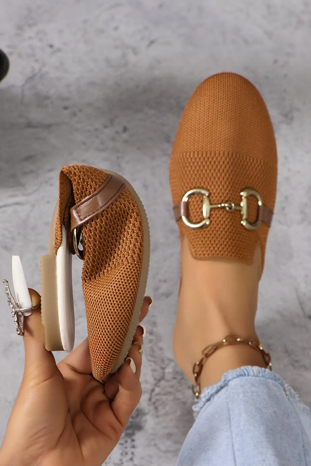 Chestnut Leather Strap Buckle Decor Slip On Flats