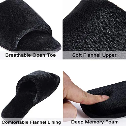 DL Open Toe Slippers for women Indoor, Cozy Memory Foam Womens House Slippers Summer Slip On, Comfy Soft Flannel Womens Bedroom Slippers Slide Breathable Size 7-8 Black