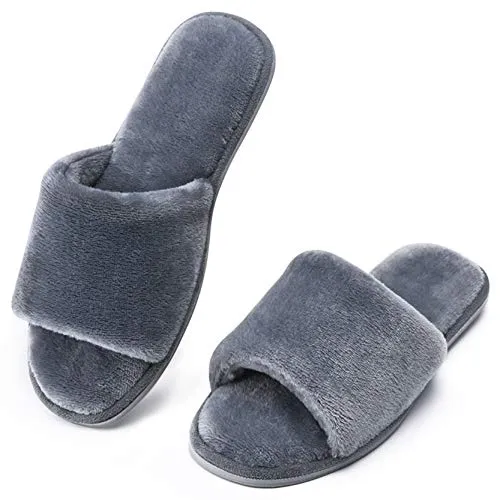 DL Open Toe Slippers for women Indoor, Cozy Memory Foam Womens House Slippers Summer Slip On, Comfy Soft Flannel Womens Bedroom Slippers Slide Breathable Size 7-8 Dark Grey