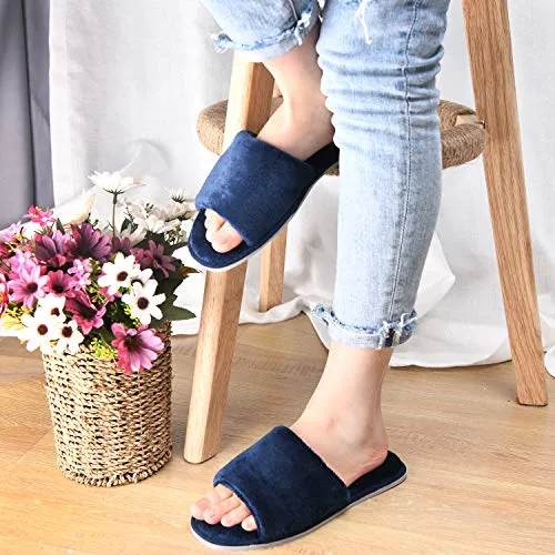 DL Open Toe Slippers for women Indoor, Cozy Memory Foam Womens House Slippers Summer Slip On, Comfy Soft Flannel Womens Bedroom Slippers Slide Breathable Size 7-8 Navy