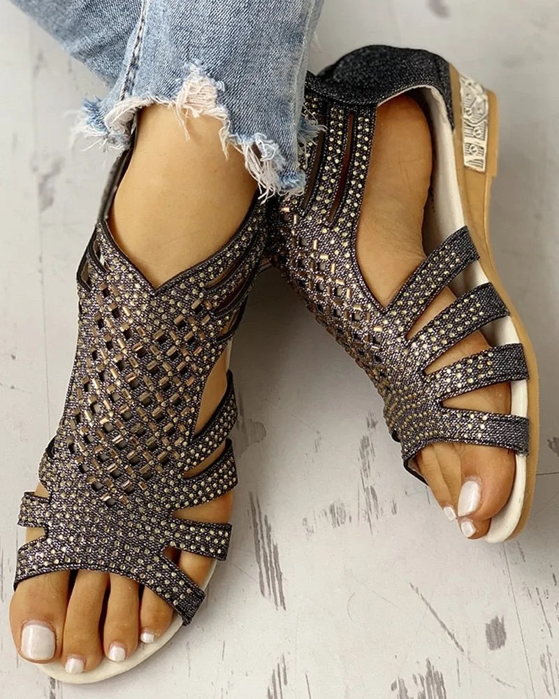 Gladiator Luxurious Rhinestone Low Heeled Wedges