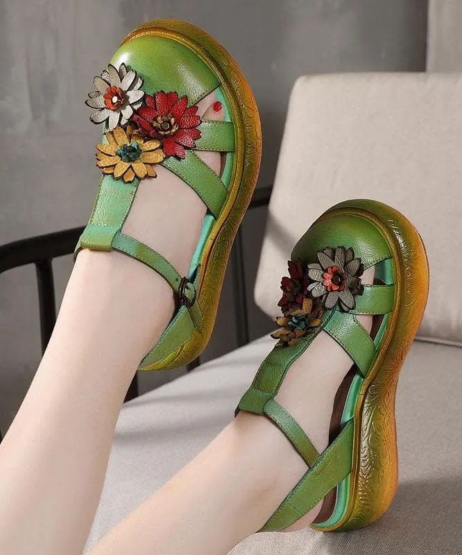 Green Cowhide Leather Buckle Strap Platform Sandals