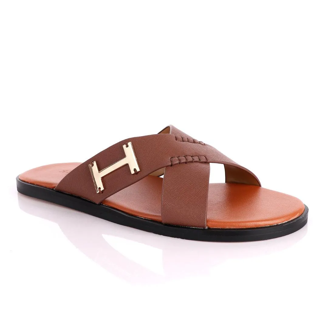 Hermes Paris Cross Strap Brown Leather Slippers