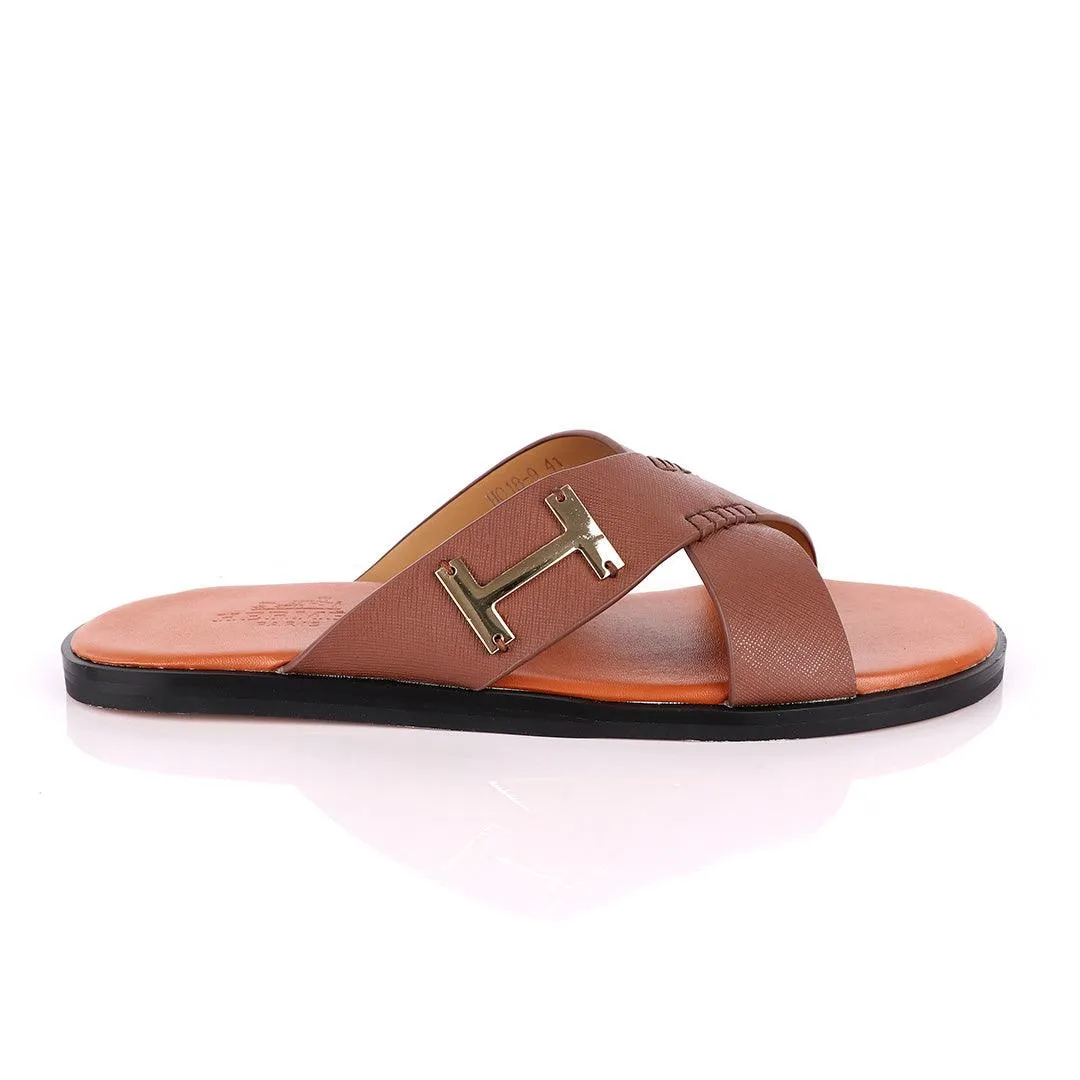 Hermes Paris Cross Strap Brown Leather Slippers