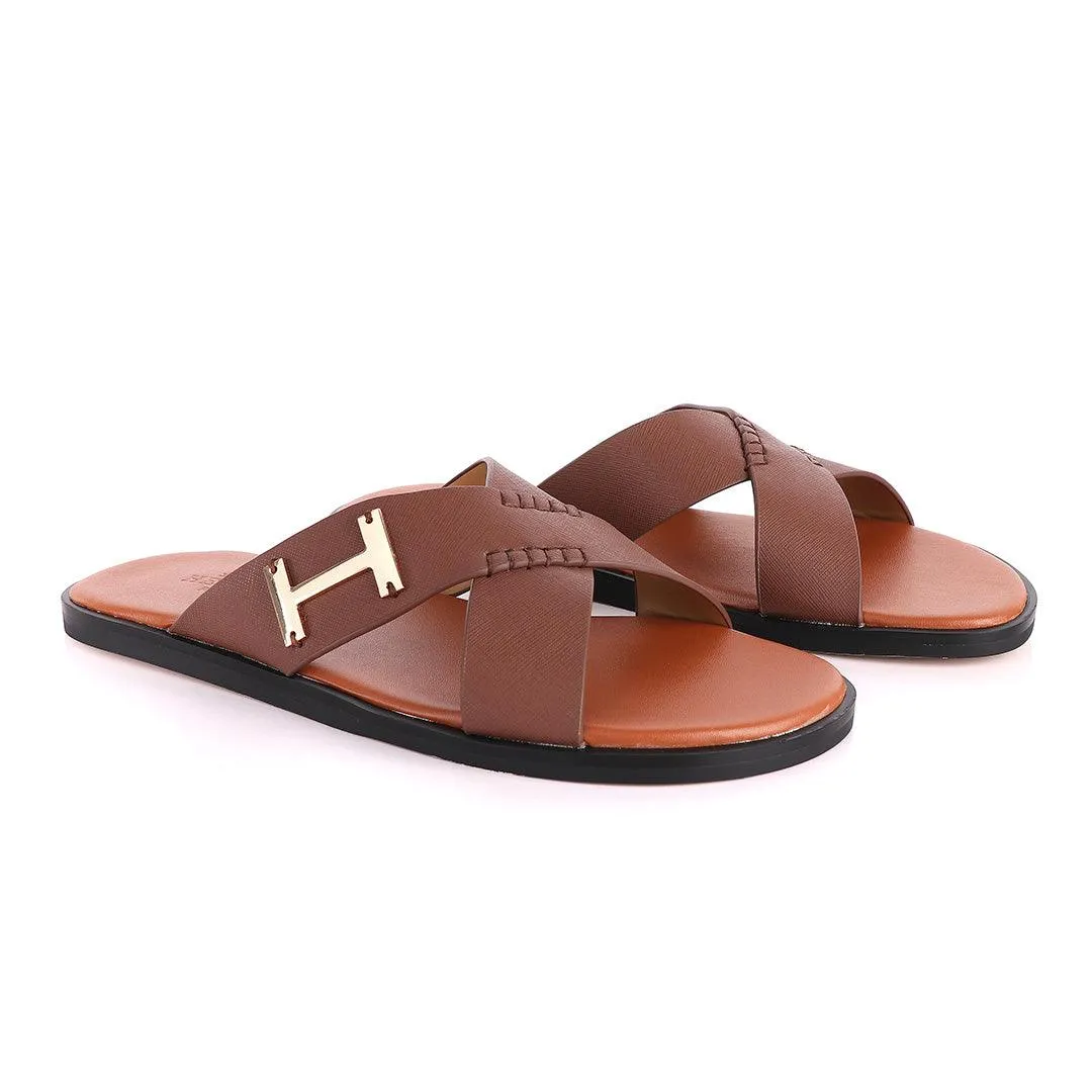 Hermes Paris Cross Strap Brown Leather Slippers