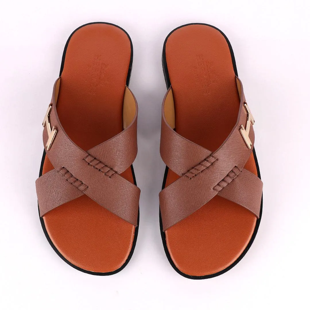 Hermes Paris Cross Strap Brown Leather Slippers