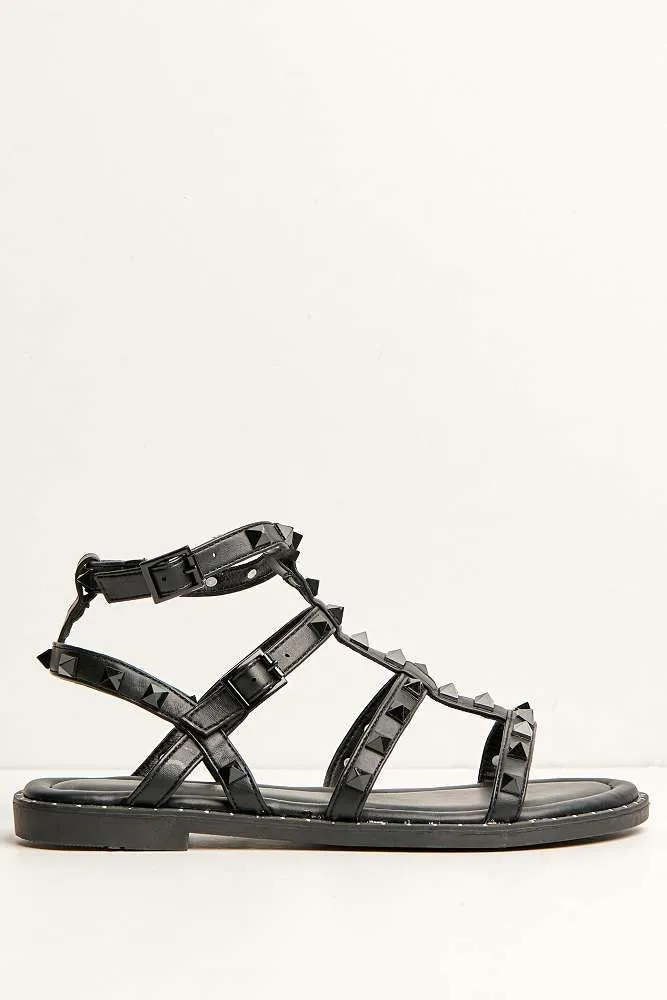 Hira Anklestrap Studded Gladiator Flat Sandals in Black