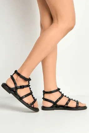 Hira Anklestrap Studded Gladiator Flat Sandals in Black