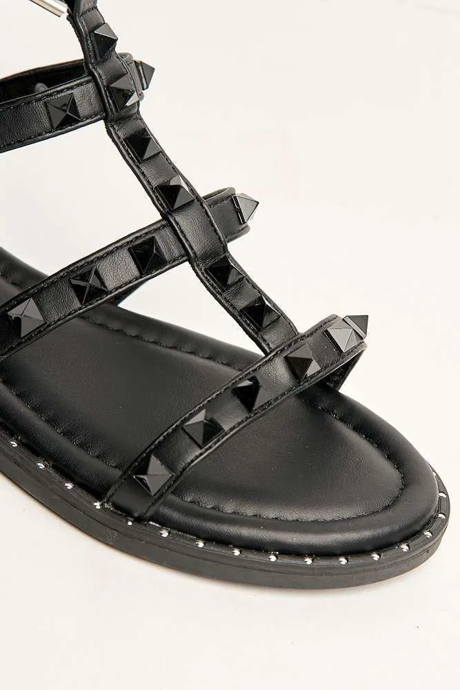 Hira Anklestrap Studded Gladiator Flat Sandals in Black