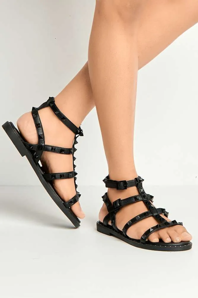 Hira Anklestrap Studded Gladiator Flat Sandals in Black