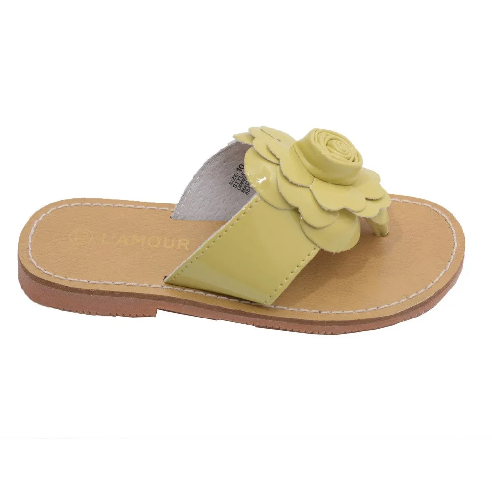 Little Big Kids Girls Yellow Patent Flower Flip Flop Sandals 11-4 Kids