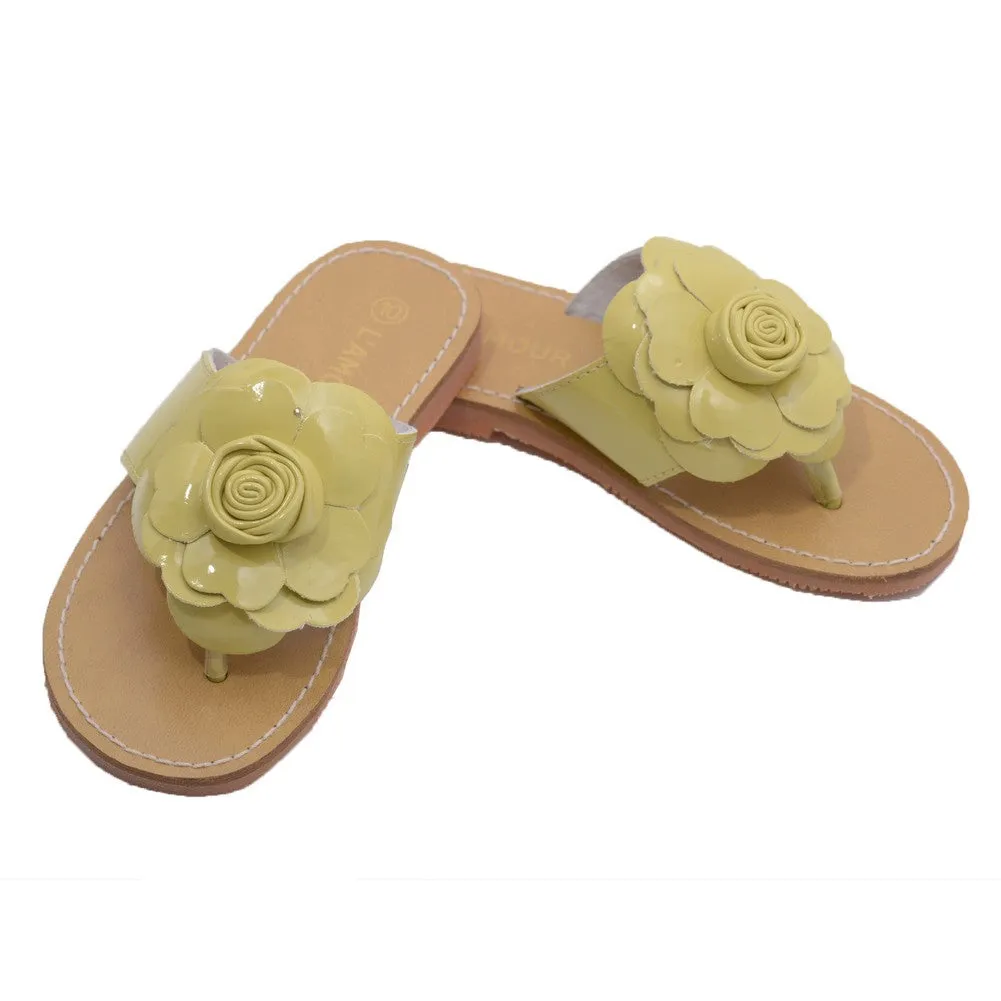 Little Big Kids Girls Yellow Patent Flower Flip Flop Sandals 11-4 Kids