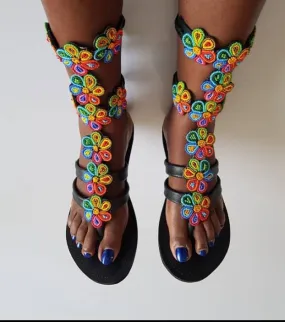 Multicolored flowered beaded handmade gladiator sandals with free shipping world wide