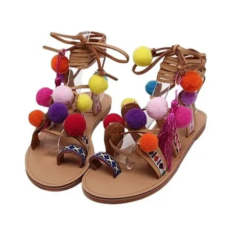 Pom-Pom Lace-Up Gladiator Sandals