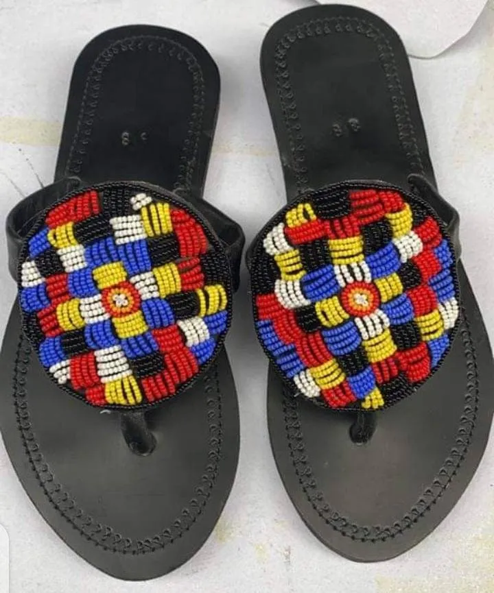 Square design shape multicolored beaded handmade masaai maasai masai ladies leather slipper sandals with free shipping