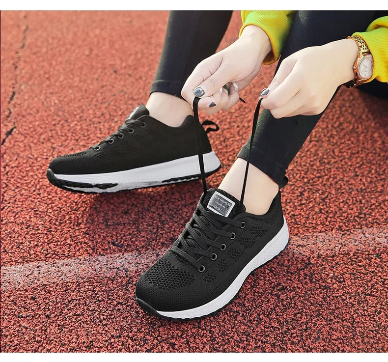 Women Breathable Walking Mesh Lace Up Flat Sneakers Tenis Feminino Vulcanized Shoes