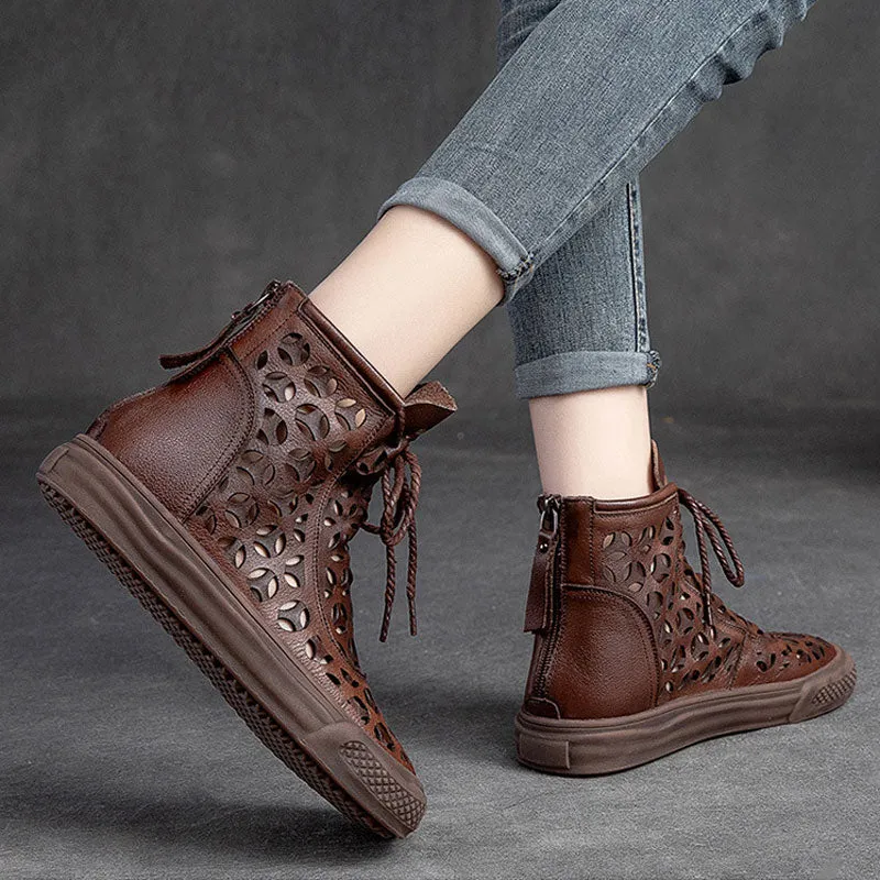 Women's Genuine Leather Breathable Short Boots Flat Hollow Retro Sandals