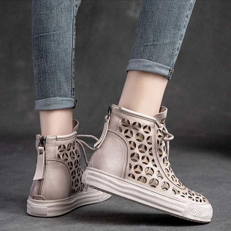 Women's Genuine Leather Breathable Short Boots Flat Hollow Retro Sandals