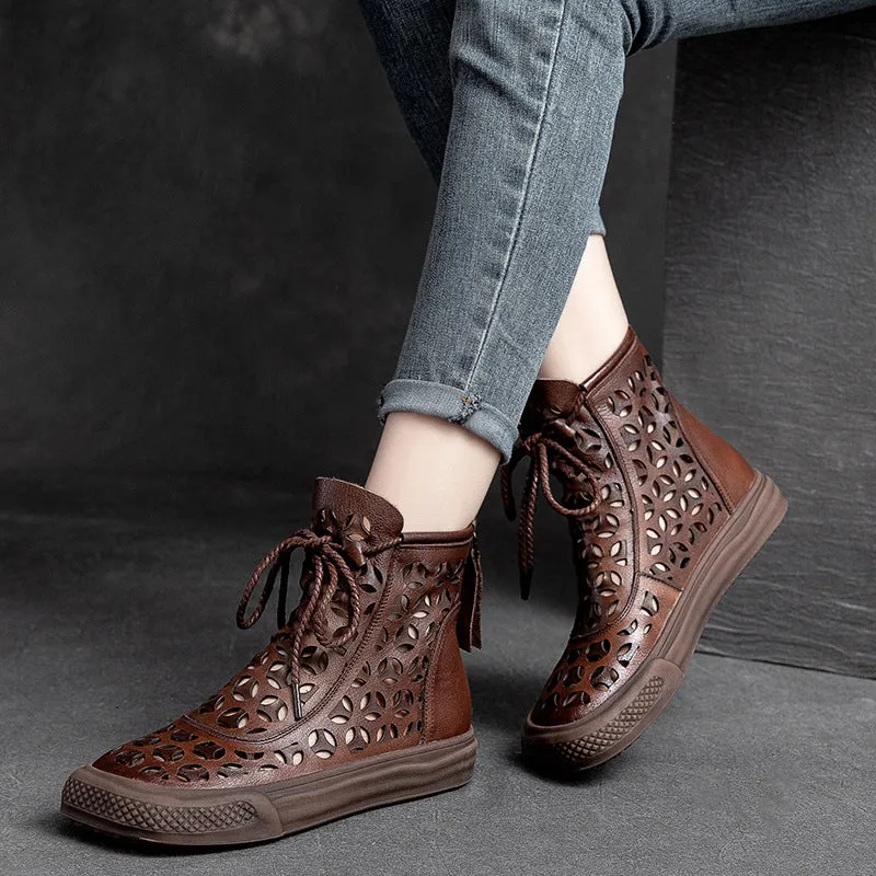 Women's Genuine Leather Breathable Short Boots Flat Hollow Retro Sandals